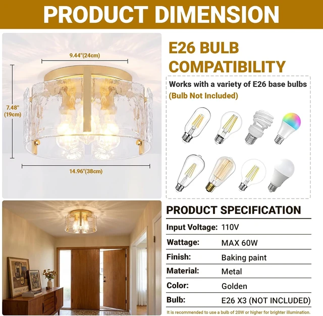Alt view image 3 of 7 - LOUSACE 15" Gold 3-Light Modern Semi Flush Mount Ceiling Light Fixtures