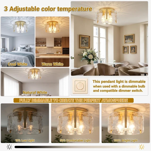 Alt view image 5 of 7 - LOUSACE 15" Gold 3-Light Modern Semi Flush Mount Ceiling Light Fixtures