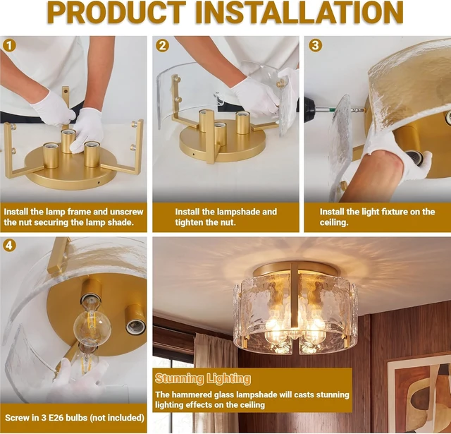 Alt view image 6 of 7 - LOUSACE 15" Gold 3-Light Modern Semi Flush Mount Ceiling Light Fixtures