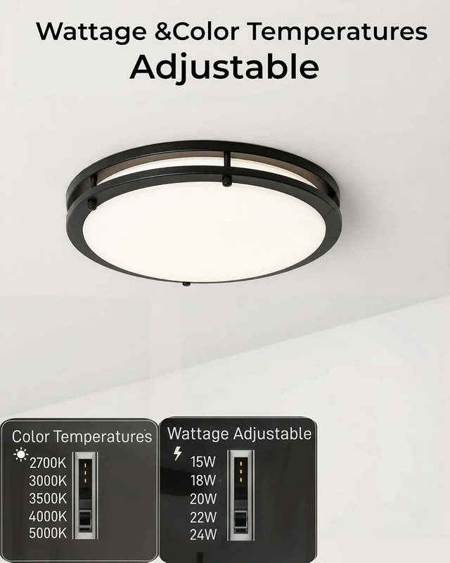 Alt view image 2 of 7 - 15in Flush Mount Ceiling Light Fixture Black 1Pack, 5CCT Wattage Adjustable