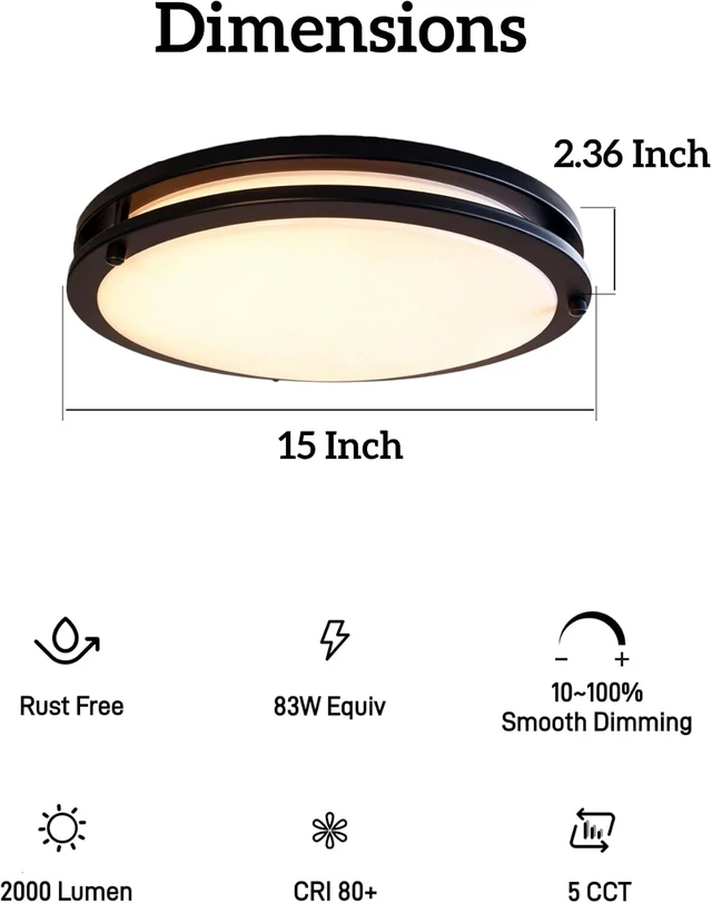 Alt view image 7 of 7 - 15in Flush Mount Ceiling Light Fixture Black 1Pack, 5CCT Wattage Adjustable