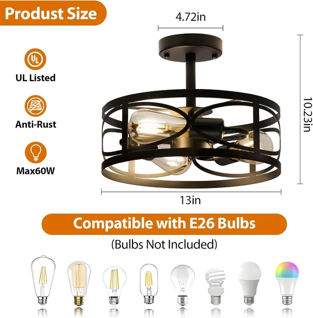 Alt view image 4 of 7 - Semi Flush Mount Ceiling Light for Hallway Light Fixture, 13" Black