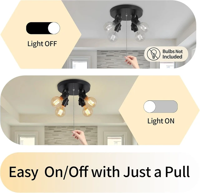 Alt view image 5 of 7 - Modern 4-Light Flush Mount Ceiling Light with Pull Chain,Black