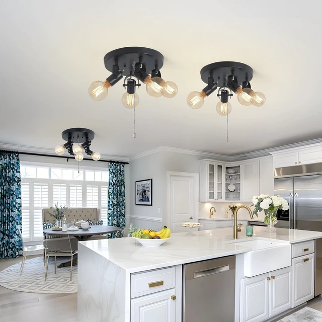 Alt view image 2 of 7 - Modern 4-Light Flush Mount Ceiling Light with Pull Chain,Black