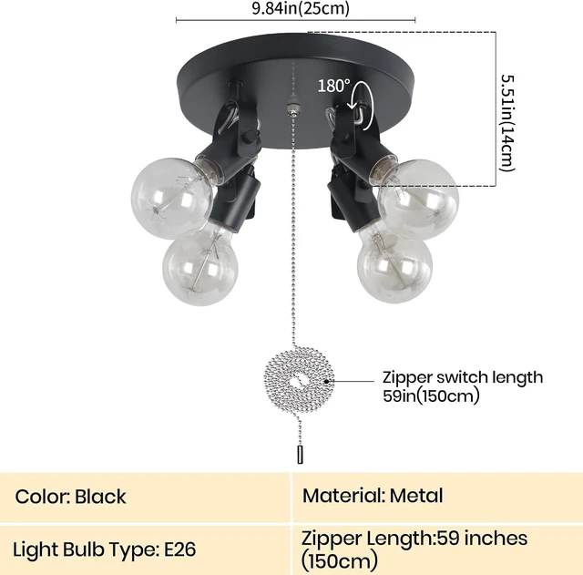 Alt view image 3 of 7 - Modern 4-Light Flush Mount Ceiling Light with Pull Chain,Black