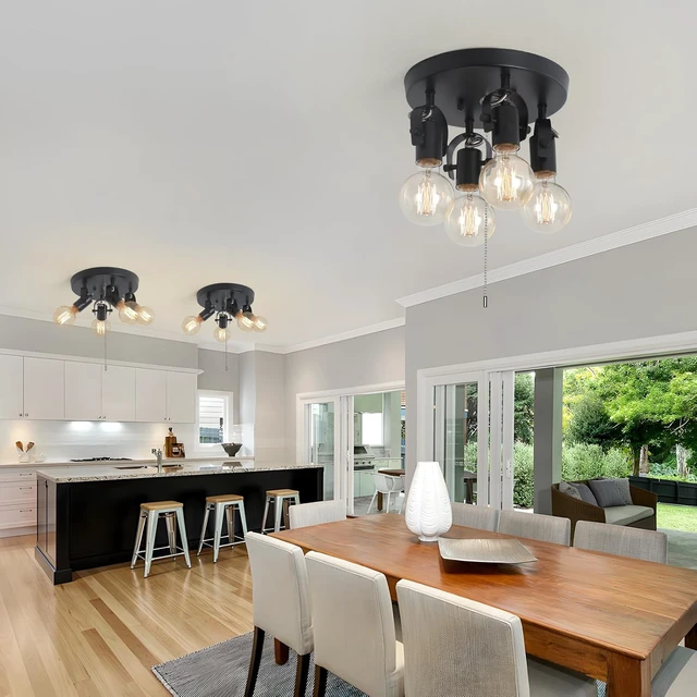 Alt view image 7 of 7 - Modern 4-Light Flush Mount Ceiling Light with Pull Chain,Black