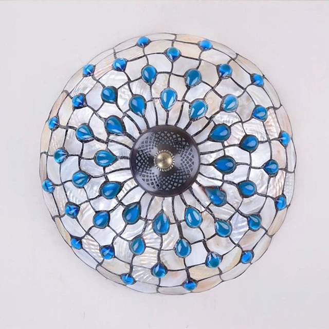 Alt view image 2 of 6 - Blue Mediterranean Ceiling Lights Tiffany Style Semi Flush Mount Ceiling Light Fixture with 16-Inch Hand-Made Glass Shade for Bedroom Living Room Hotel,A