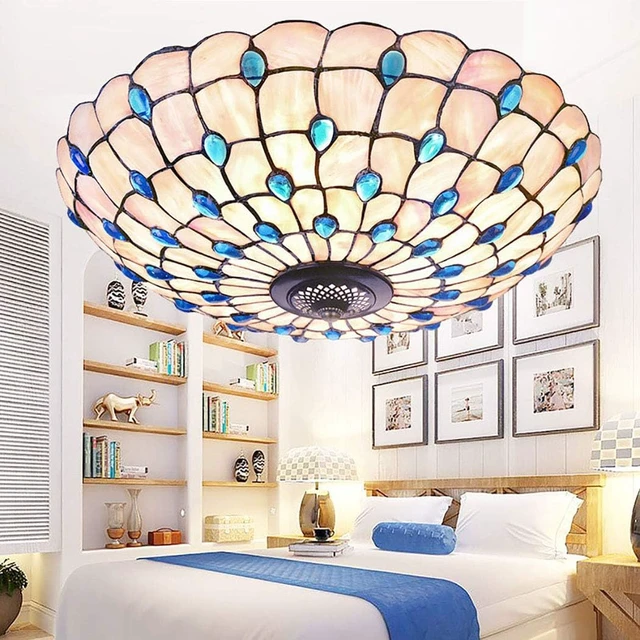 Alt view image 3 of 6 - Blue Mediterranean Ceiling Lights Tiffany Style Semi Flush Mount Ceiling Light Fixture with 16-Inch Hand-Made Glass Shade for Bedroom Living Room Hotel,A