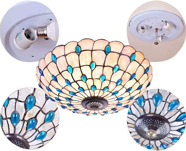 Alt view image 5 of 6 - Blue Mediterranean Ceiling Lights Tiffany Style Semi Flush Mount Ceiling Light Fixture with 16-Inch Hand-Made Glass Shade for Bedroom Living Room Hotel,A