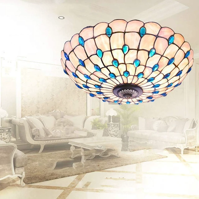 Alt view image 4 of 6 - Blue Mediterranean Ceiling Lights Tiffany Style Semi Flush Mount Ceiling Light Fixture with 16-Inch Hand-Made Glass Shade for Bedroom Living Room Hotel,A