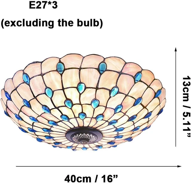 Alt view image 6 of 6 - Blue Mediterranean Ceiling Lights Tiffany Style Semi Flush Mount Ceiling Light Fixture with 16-Inch Hand-Made Glass Shade for Bedroom Living Room Hotel,A