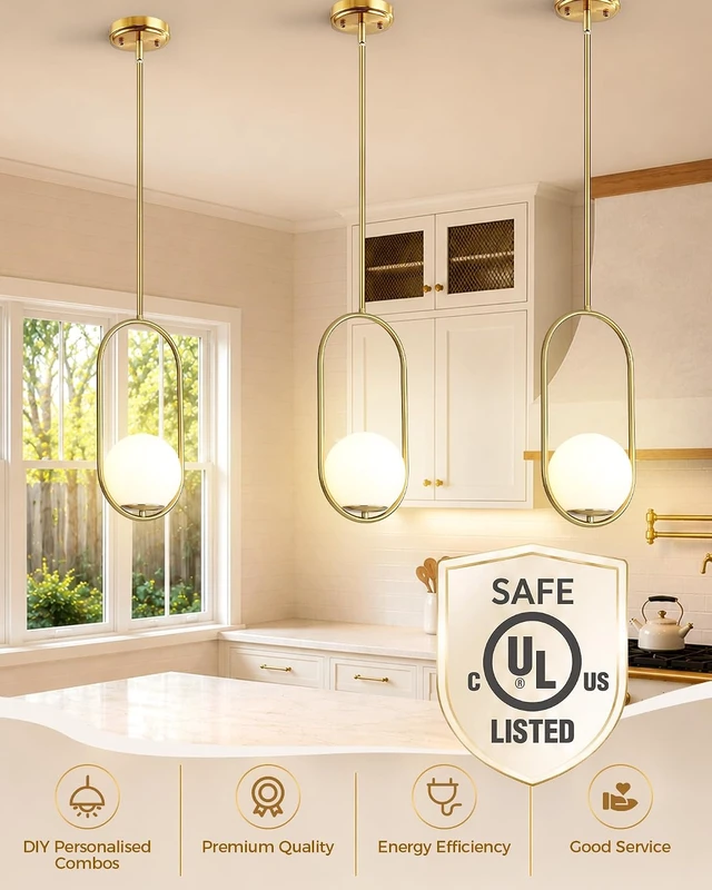 Alt view image 2 of 7 - Majade Pendant Lights Kitchen Island, Mid Century Modern Pendant Light Fixtures, Gold Globe Glass Pendant Lighting, Brass Chandelier Adjustable Hanging Light for Dining Room Bathroom Bedroom