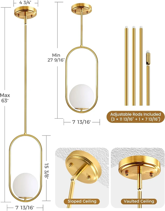 Alt view image 3 of 7 - Majade Pendant Lights Kitchen Island, Mid Century Modern Pendant Light Fixtures, Gold Globe Glass Pendant Lighting, Brass Chandelier Adjustable Hanging Light for Dining Room Bathroom Bedroom