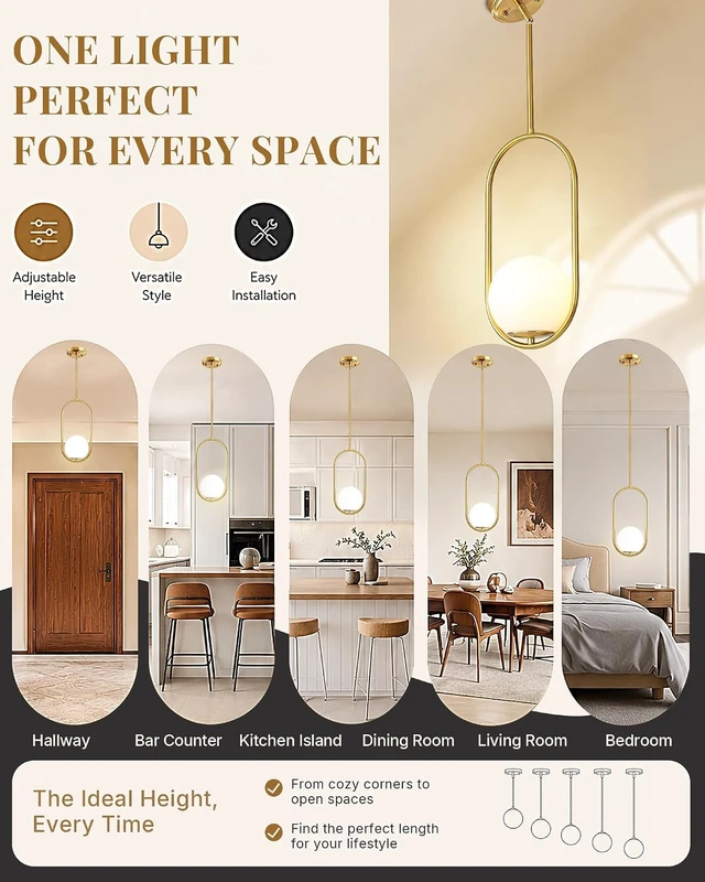 Alt view image 4 of 7 - Majade Pendant Lights Kitchen Island, Mid Century Modern Pendant Light Fixtures, Gold Globe Glass Pendant Lighting, Brass Chandelier Adjustable Hanging Light for Dining Room Bathroom Bedroom