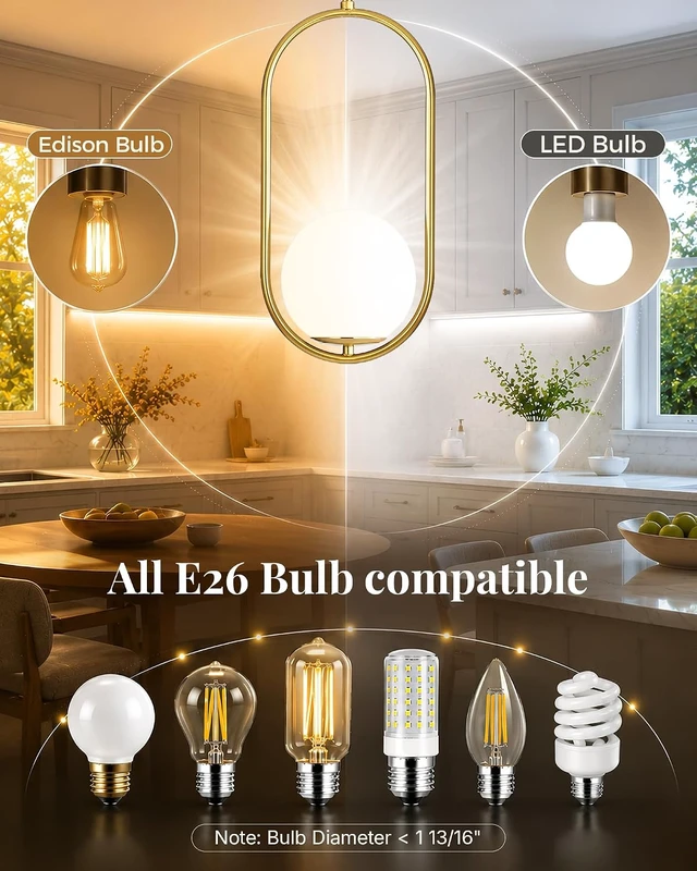 Alt view image 6 of 7 - Majade Pendant Lights Kitchen Island, Mid Century Modern Pendant Light Fixtures, Gold Globe Glass Pendant Lighting, Brass Chandelier Adjustable Hanging Light for Dining Room Bathroom Bedroom