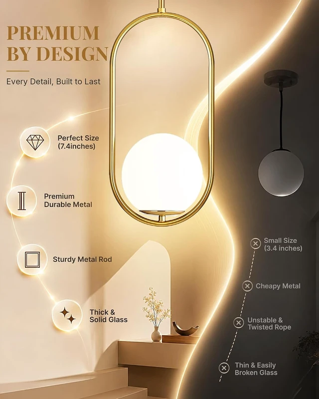 Alt view image 7 of 7 - Majade Pendant Lights Kitchen Island, Mid Century Modern Pendant Light Fixtures, Gold Globe Glass Pendant Lighting, Brass Chandelier Adjustable Hanging Light for Dining Room Bathroom Bedroom