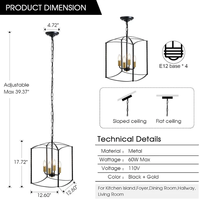 Alt view image 2 of 7 - Industrial Black Chandelier 4-Light Lantern Pendant Lighting Fixture for Over Table Dining Room Kitchen Island Foyer Hallway,E12 Max 60W,12.60in