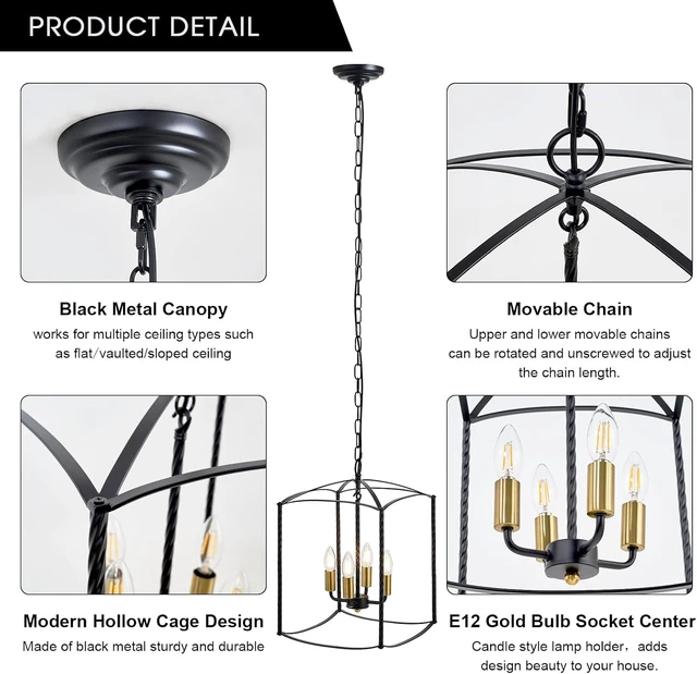 Alt view image 4 of 7 - Industrial Black Chandelier 4-Light Lantern Pendant Lighting Fixture for Over Table Dining Room Kitchen Island Foyer Hallway,E12 Max 60W,12.60in