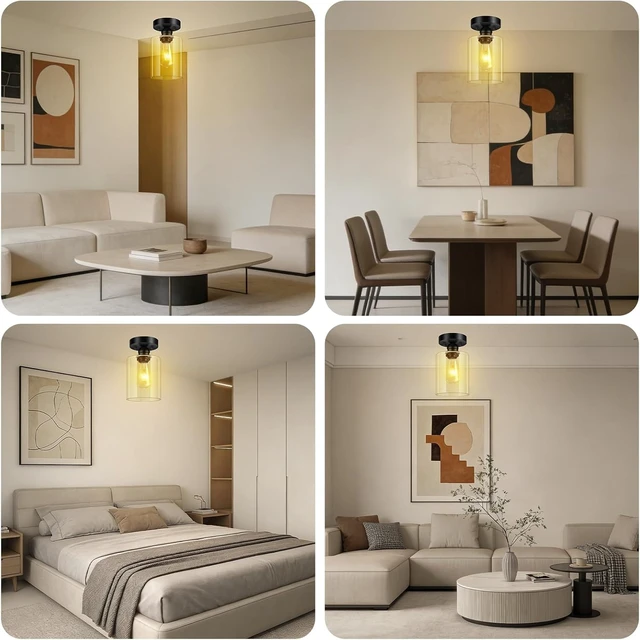 Alt view image 6 of 7 - Boostarea Semi Flush Mount Ceiling Light,2 Pack Industrial Hanging Ceiling Pendant Lamp With Glass Shade, Farmhouse Light Fixture for Porch Hallway Corridor Kitchen Bathroom Bedroom, Bulb Not Included