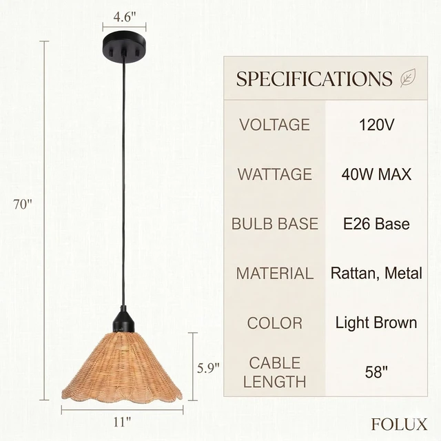 Alt view image 5 of 7 - Boho Rattan Scalloped Pendant Light Fixture, 11'' Natrual Hand-Woven Rattan Shade, Rustic, Cottage, Farmhouse, for Kitchen Island Dinning Room Living Room