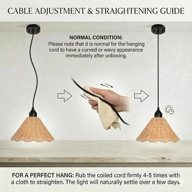 Alt view image 6 of 7 - Boho Rattan Scalloped Pendant Light Fixture, 11'' Natrual Hand-Woven Rattan Shade, Rustic, Cottage, Farmhouse, for Kitchen Island Dinning Room Living Room