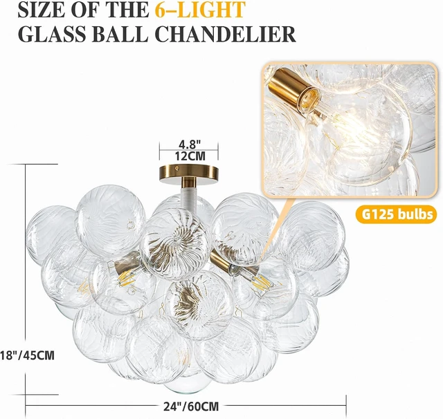 Alt view image 3 of 7 - Bubble Chandelier Light Fixture,Dia 24" Gold Bubble Ball Swirled Semi Flush Mount Ceiling Light Fixture,Bubble Glass Chandelier for Dining room,Living room,Bedroom (JR1595:White+Gold, 24"Dia)