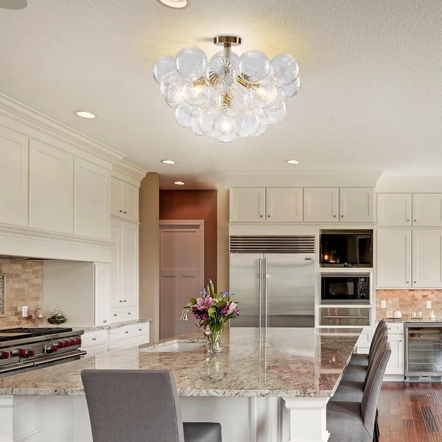 Alt view image 6 of 7 - Bubble Chandelier Light Fixture,Dia 24" Gold Bubble Ball Swirled Semi Flush Mount Ceiling Light Fixture,Bubble Glass Chandelier for Dining room,Living room,Bedroom (JR1595:White+Gold, 24"Dia)