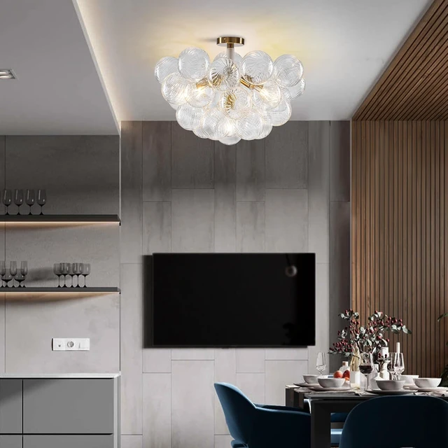 Alt view image 7 of 7 - Bubble Chandelier Light Fixture,Dia 24" Gold Bubble Ball Swirled Semi Flush Mount Ceiling Light Fixture,Bubble Glass Chandelier for Dining room,Living room,Bedroom (JR1595:White+Gold, 24"Dia)