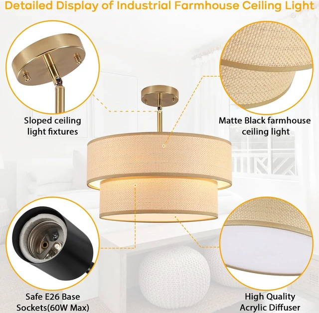 Alt view image 5 of 7 - Rattan Sloped Ceiling Light, 16.53" Semi Flush Mount Lights Fixtures