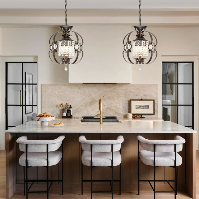 Alt view image 2 of 7 - Bronze Crystal Chandeliers for Dining Room, 3-Light 14 Inch Flush Mount Ceiling Light Fixture,Vintage Hanging Pendant Lighting for Kitchen Island,Living Rooms, Foyer