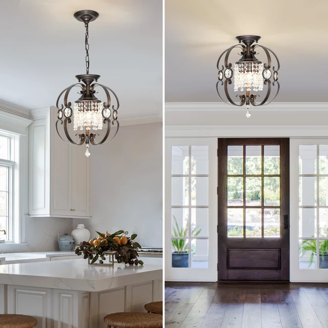 Alt view image 3 of 7 - Bronze Crystal Chandeliers for Dining Room, 3-Light 14 Inch Flush Mount Ceiling Light Fixture,Vintage Hanging Pendant Lighting for Kitchen Island,Living Rooms, Foyer