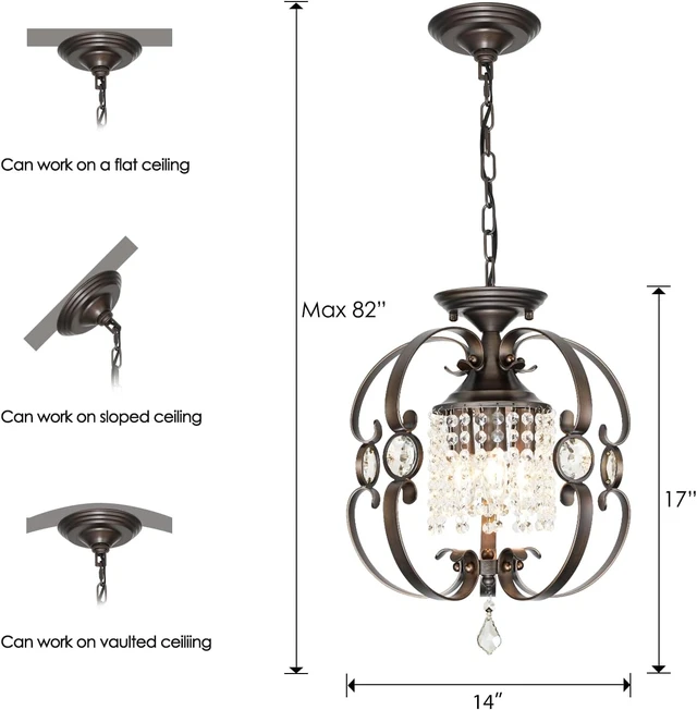 Alt view image 5 of 7 - Bronze Crystal Chandeliers for Dining Room, 3-Light 14 Inch Flush Mount Ceiling Light Fixture,Vintage Hanging Pendant Lighting for Kitchen Island,Living Rooms, Foyer