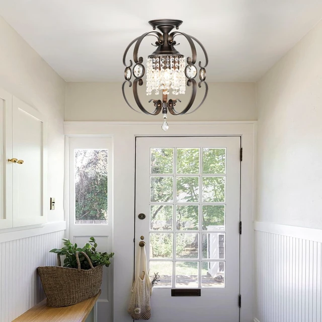 Alt view image 7 of 7 - Bronze Crystal Chandeliers for Dining Room, 3-Light 14 Inch Flush Mount Ceiling Light Fixture,Vintage Hanging Pendant Lighting for Kitchen Island,Living Rooms, Foyer