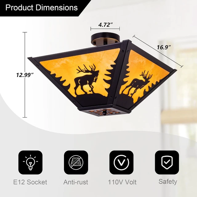 Alt view image 7 of 7 - TOCHIC Rustic Ceiling Light, Vintage Semi Flush Mount Cabin Light Fixture