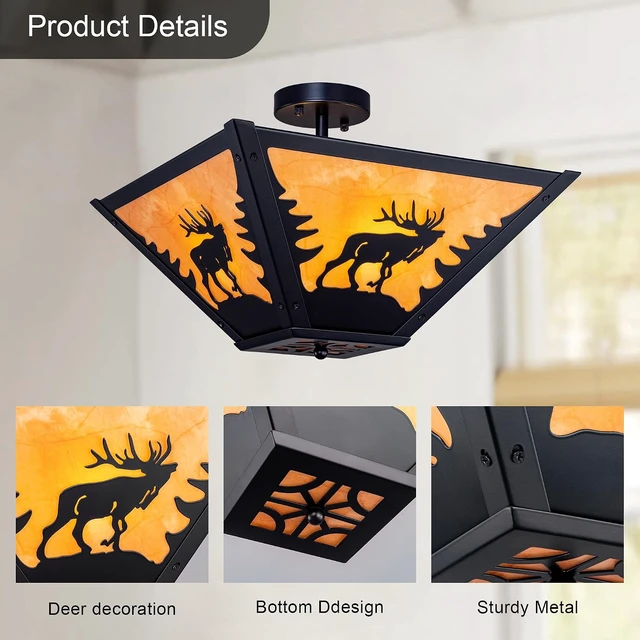 Alt view image 6 of 7 - TOCHIC Rustic Ceiling Light, Vintage Semi Flush Mount Cabin Light Fixture