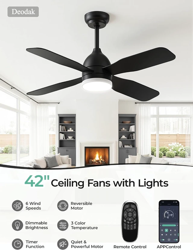 Alt view image 2 of 7 - 42 Inch Ceiling Fan with Light, APP & Remote, Downrod Mount
