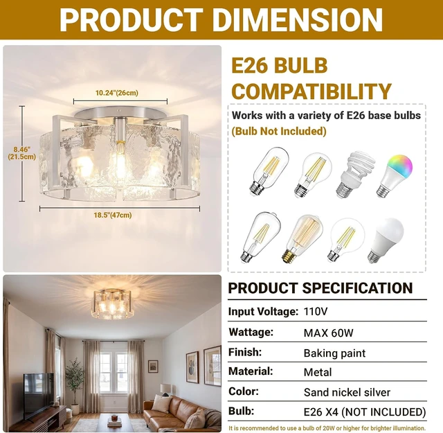 Alt view image 3 of 7 - LOUSACE 18" Brushed Nickel 4-Light Modern Semi Flush Mount Ceiling Light Fixtures, Glass Ceiling Light for Entryway Hallway Foyer Laundry Room Kitchen Sink