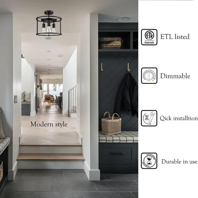 Alt view image 3 of 7 - Moose Farmhouse Semi Flush Mount Ceiling Light Matte Black 3-Light