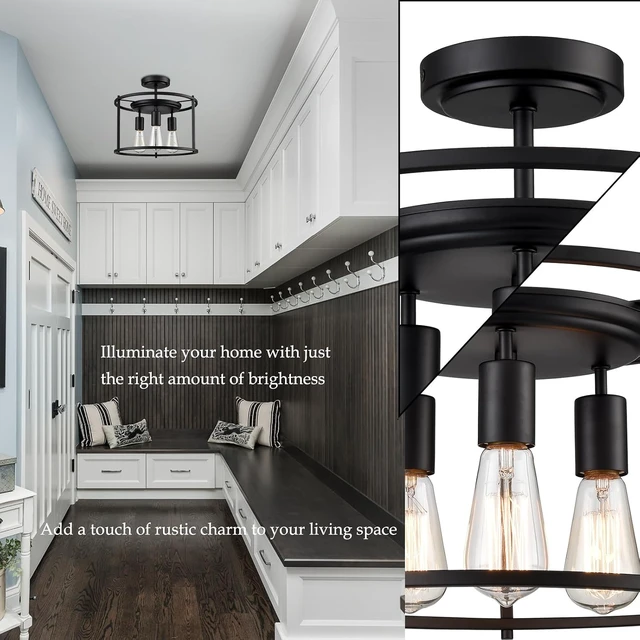 Alt view image 2 of 7 - Moose Farmhouse Semi Flush Mount Ceiling Light Matte Black 3-Light