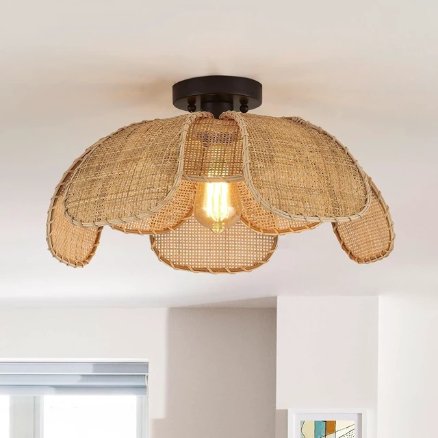 Main image of 22" Natural Rattan Flush Mount Ceiling Light Fixture Hemp Rope Wicker Hand-Woven Boho Chandelier with Flower Lampshade for Porch Patio Hallway Bedroom Living Room Kitchen Island