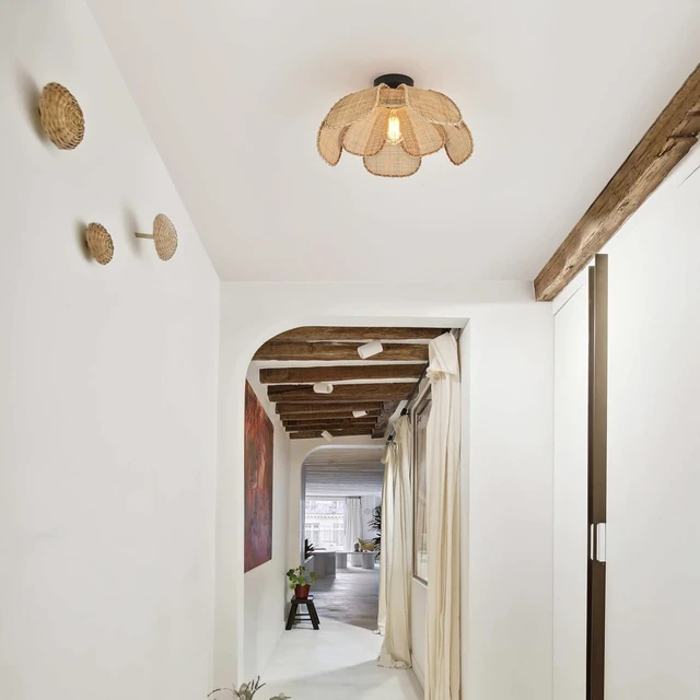 Alt view image 6 of 7 - 22" Natural Rattan Flush Mount Ceiling Light Fixture Hemp Rope Wicker Hand-Woven Boho Chandelier with Flower Lampshade for Porch Patio Hallway Bedroom Living Room Kitchen Island