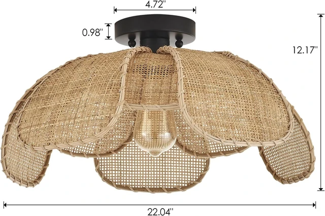Alt view image 5 of 7 - 22" Natural Rattan Flush Mount Ceiling Light Fixture Hemp Rope Wicker Hand-Woven Boho Chandelier with Flower Lampshade for Porch Patio Hallway Bedroom Living Room Kitchen Island