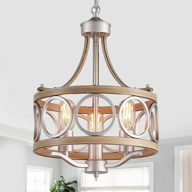 Main image of XINGQI 12.6" Modern Farmhouse Chandeliers Round 3-Light Dining Room Light Fixture Over Table Metal Drum Pendant Hanging Lamp Brushed Nickel and Wood Grain Finish for Entryway Bedroom Kitchen