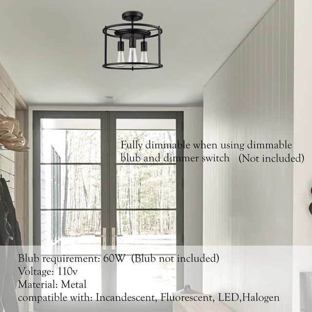 Alt view image 7 of 7 - Moose Farmhouse Semi Flush Mount Ceiling Light Matte Black 3-Light