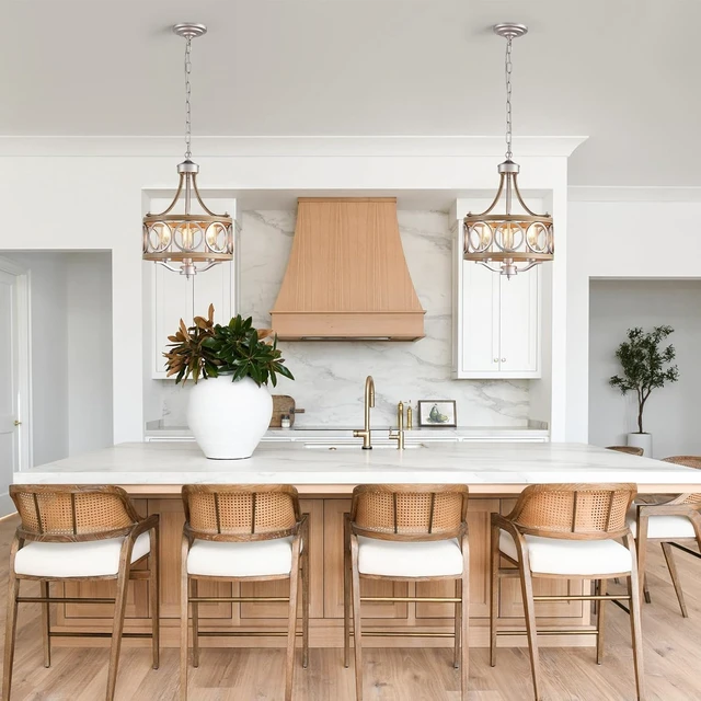 Alt view image 2 of 7 - XINGQI 12.6" Modern Farmhouse Chandeliers Round 3-Light Dining Room Light Fixture Over Table Metal Drum Pendant Hanging Lamp Brushed Nickel and Wood Grain Finish for Entryway Bedroom Kitchen