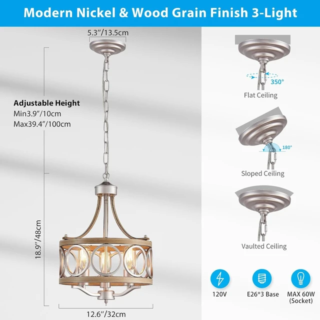 Alt view image 3 of 7 - XINGQI 12.6" Modern Farmhouse Chandeliers Round 3-Light Dining Room Light Fixture Over Table Metal Drum Pendant Hanging Lamp Brushed Nickel and Wood Grain Finish for Entryway Bedroom Kitchen
