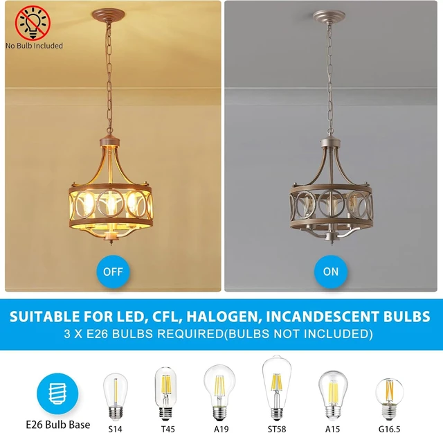 Alt view image 4 of 7 - XINGQI 12.6" Modern Farmhouse Chandeliers Round 3-Light Dining Room Light Fixture Over Table Metal Drum Pendant Hanging Lamp Brushed Nickel and Wood Grain Finish for Entryway Bedroom Kitchen
