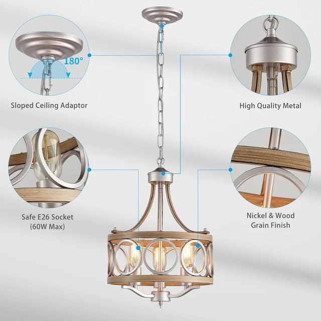 Alt view image 5 of 7 - XINGQI 12.6" Modern Farmhouse Chandeliers Round 3-Light Dining Room Light Fixture Over Table Metal Drum Pendant Hanging Lamp Brushed Nickel and Wood Grain Finish for Entryway Bedroom Kitchen