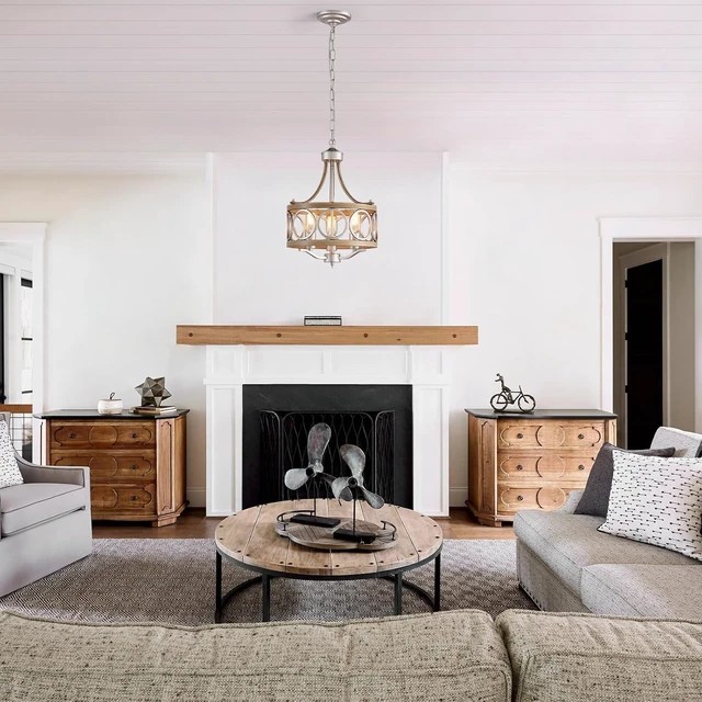 Alt view image 7 of 7 - XINGQI 12.6" Modern Farmhouse Chandeliers Round 3-Light Dining Room Light Fixture Over Table Metal Drum Pendant Hanging Lamp Brushed Nickel and Wood Grain Finish for Entryway Bedroom Kitchen