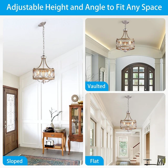 Alt view image 6 of 7 - XINGQI 12.6" Modern Farmhouse Chandeliers Round 3-Light Dining Room Light Fixture Over Table Metal Drum Pendant Hanging Lamp Brushed Nickel and Wood Grain Finish for Entryway Bedroom Kitchen
